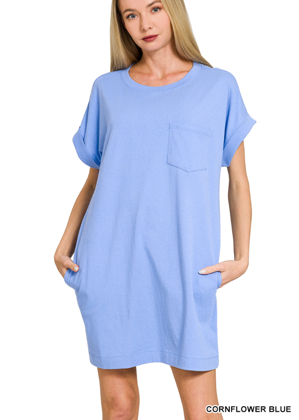 Cotton T-Shirt Dress with Pockets in Cornflower Blue