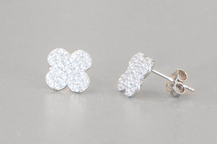 sterling silver pave diamond clover shaped stud earrings