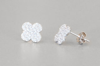 sterling silver pave diamond clover shaped stud earrings