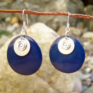 silver dangle earrings with blue disc charm and silver spiral charm
