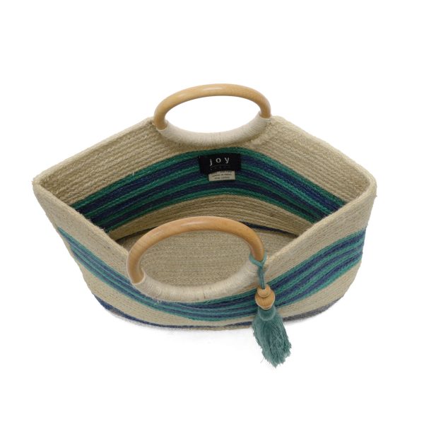 Turquois and Navy Striped Teagan Wood Handle Jute Tote