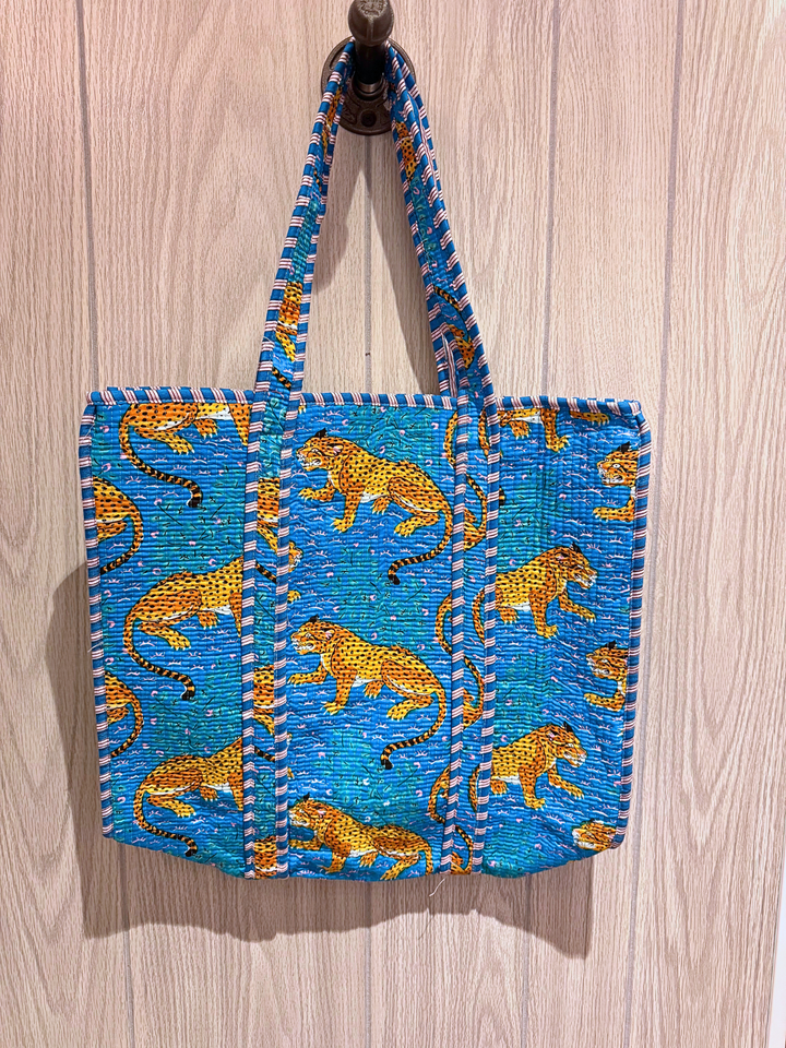 Oversized Quilted Tote Bag in Teal Cheetah