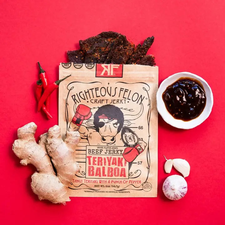 Righteous felon teriyaki balboa beef jerky package with ingredients on a red background