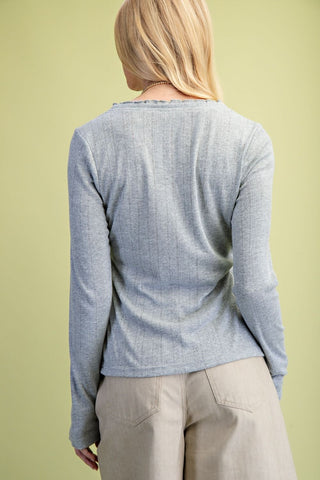 Textured Knit Henley Top in Gray