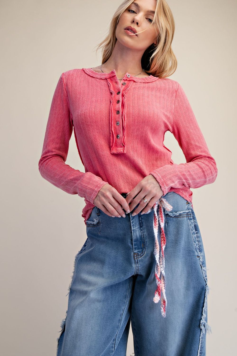 textured henley top in washed red