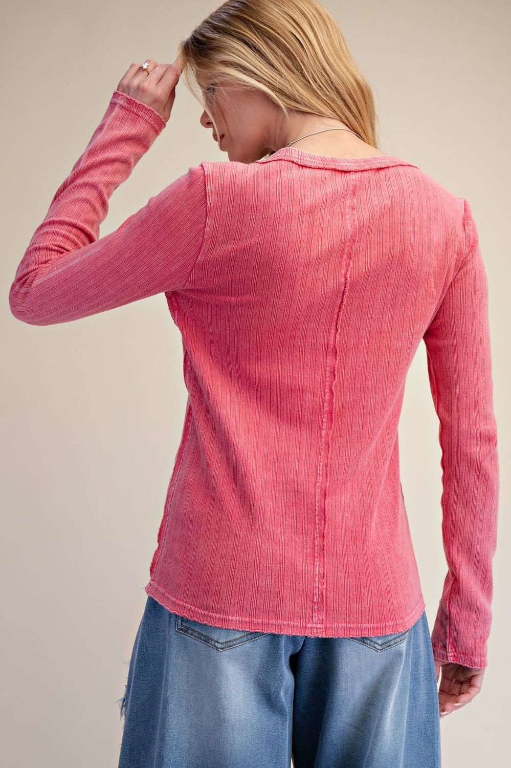 Textured Knit Henley Top in Washed Red