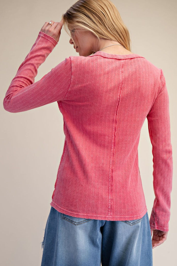 Textured Knit Henley Top in Washed Red