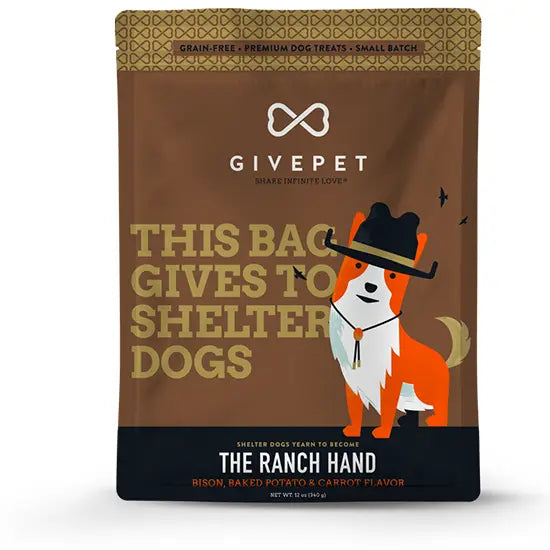 Dog treat package from GivePet with a cartoon dog wearing a cowboy hat on a brown background.