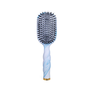Hairbrush with blue and white handle on a white background