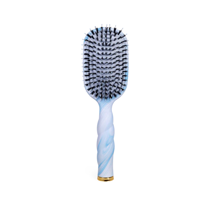 Hairbrush with blue and white handle on a white background