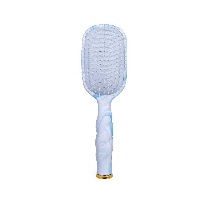 Blue paddle hairbrush with gold accent on a white background