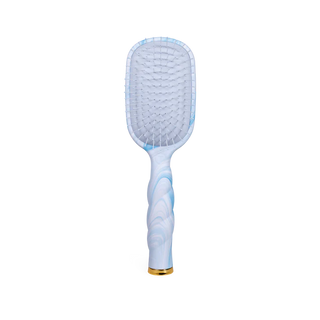 Blue paddle hairbrush with gold accent on a white background