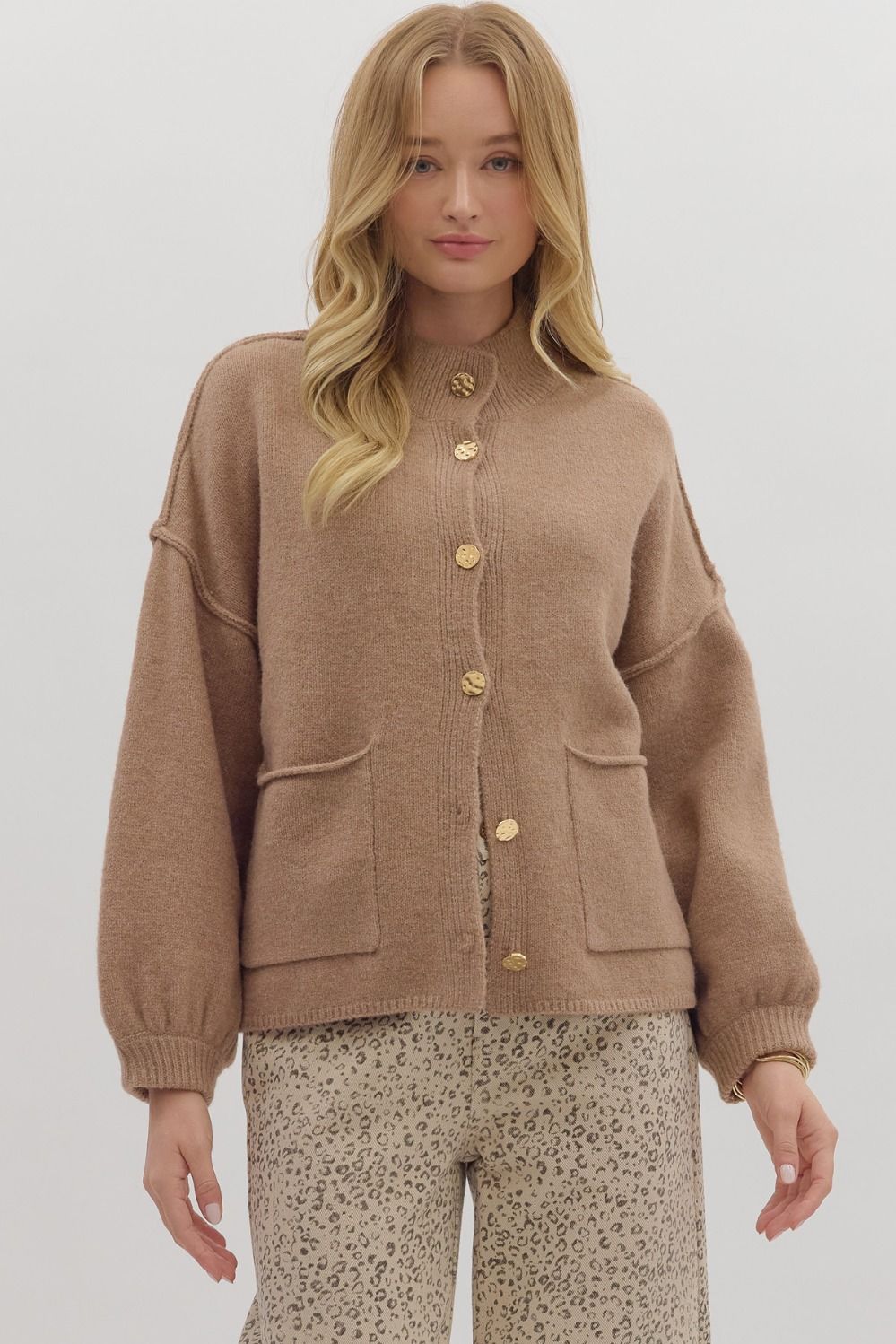 Gold Button Knit Cardigan in Toast