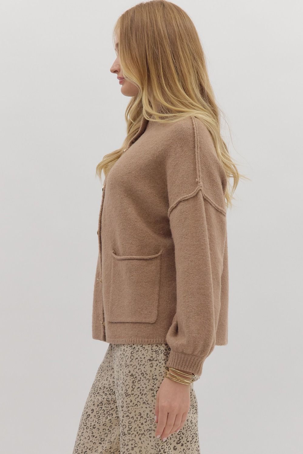 Gold Button Knit Cardigan in Toast