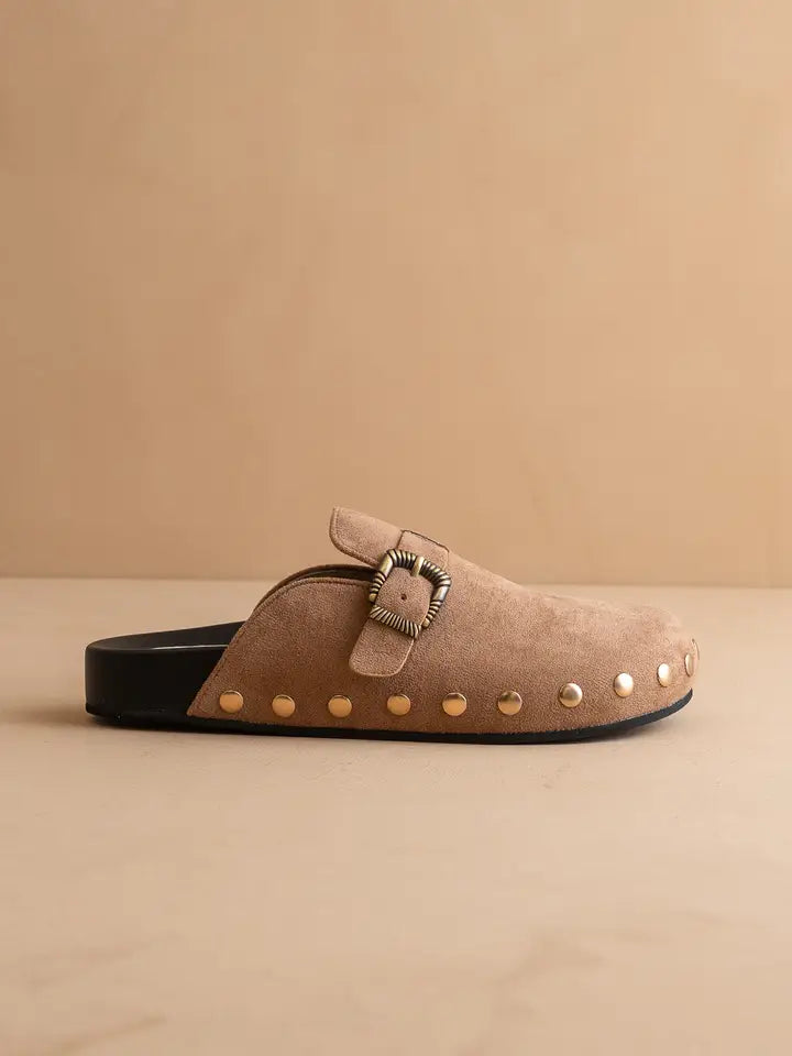The Toni Studded Buckle Clog in Latte