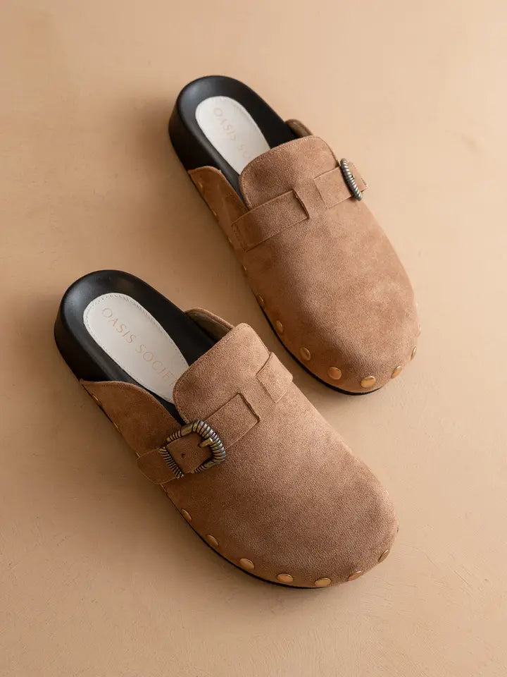 Pair of brown suede slippers with a buckle on a beige background