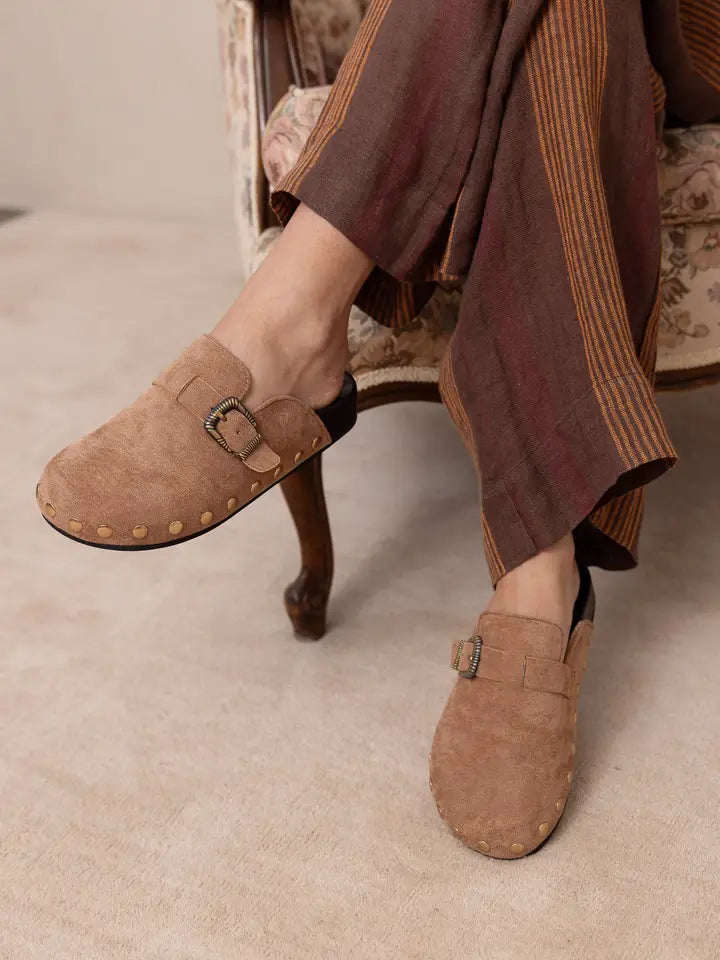 The Toni Studded Buckle Clog in Latte