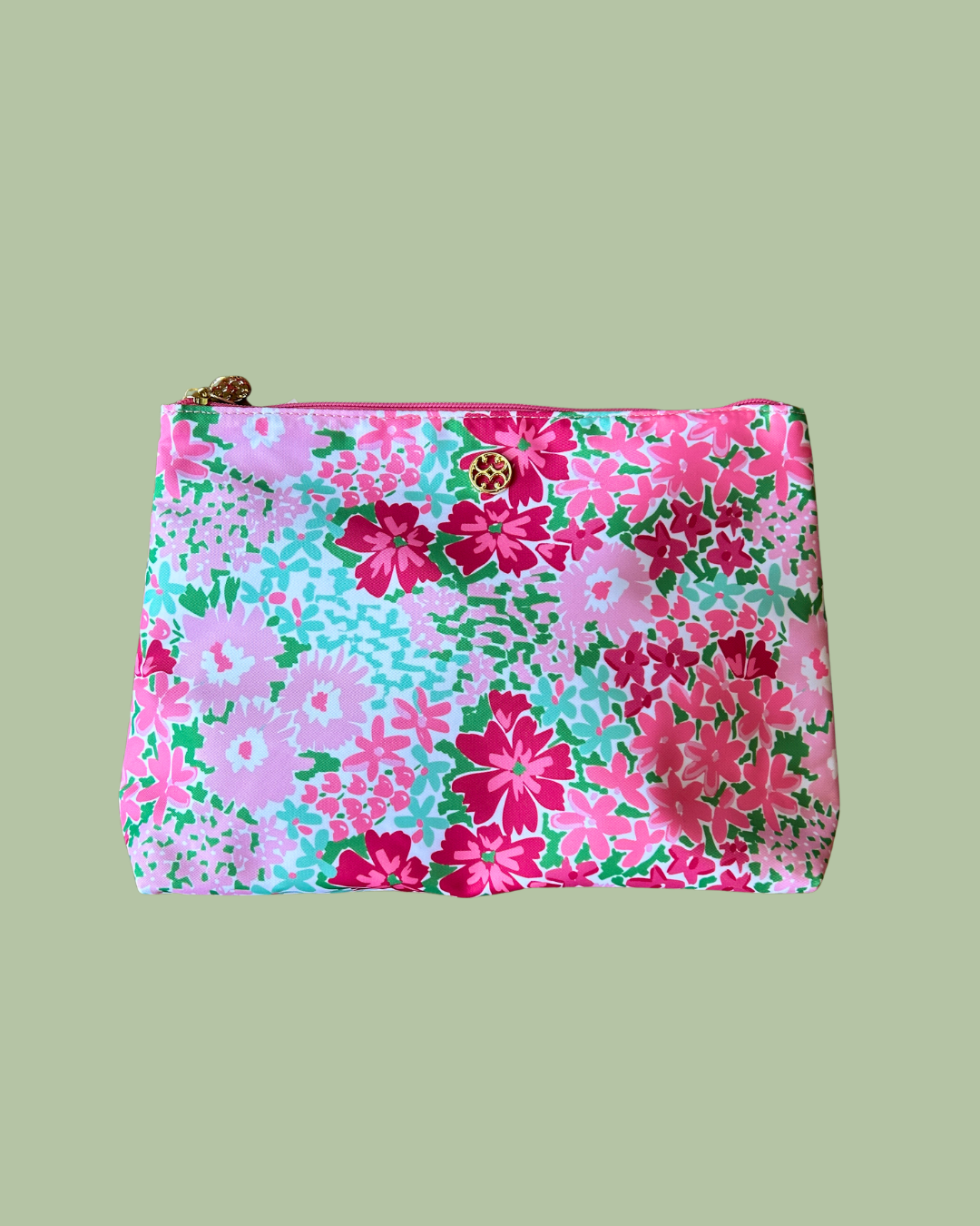 Floral-patterned pouch on a solid background