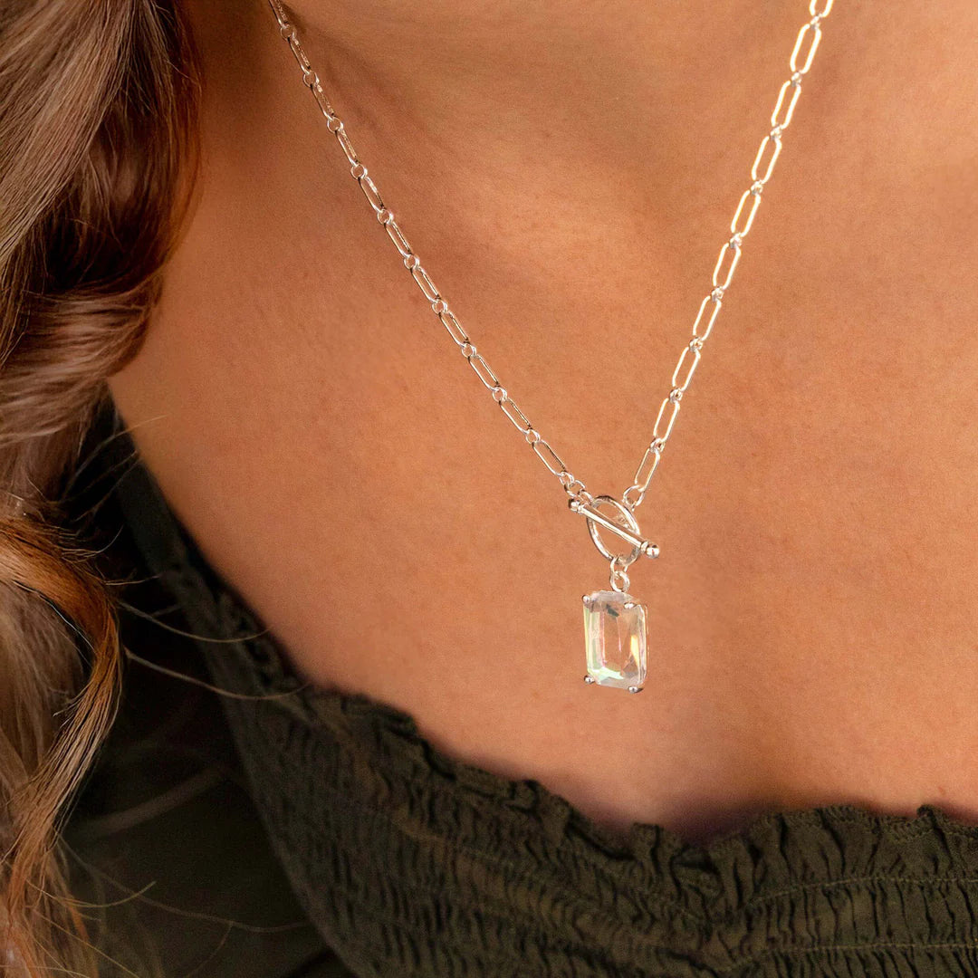 Silver Toggle Necklace with AB Gem Charm and paperclip chain