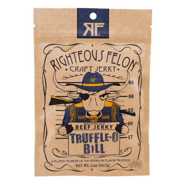 Righteous Felon craft jerky package with a graphic of a cowboy and text.