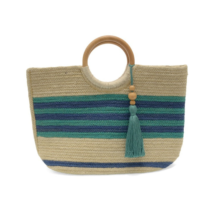 Woven handbag with striped pattern and tassel on a white background