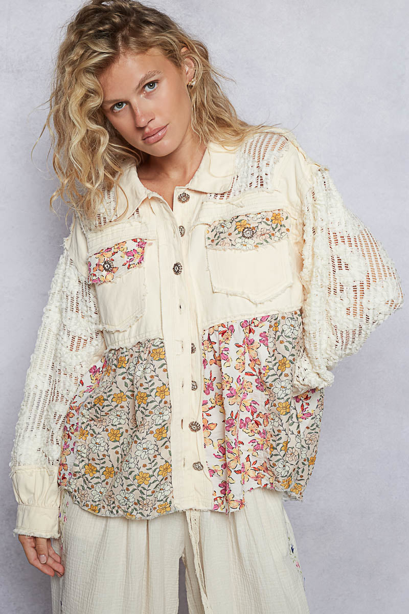 cream colored twill and lace jacket with floral patchwork details