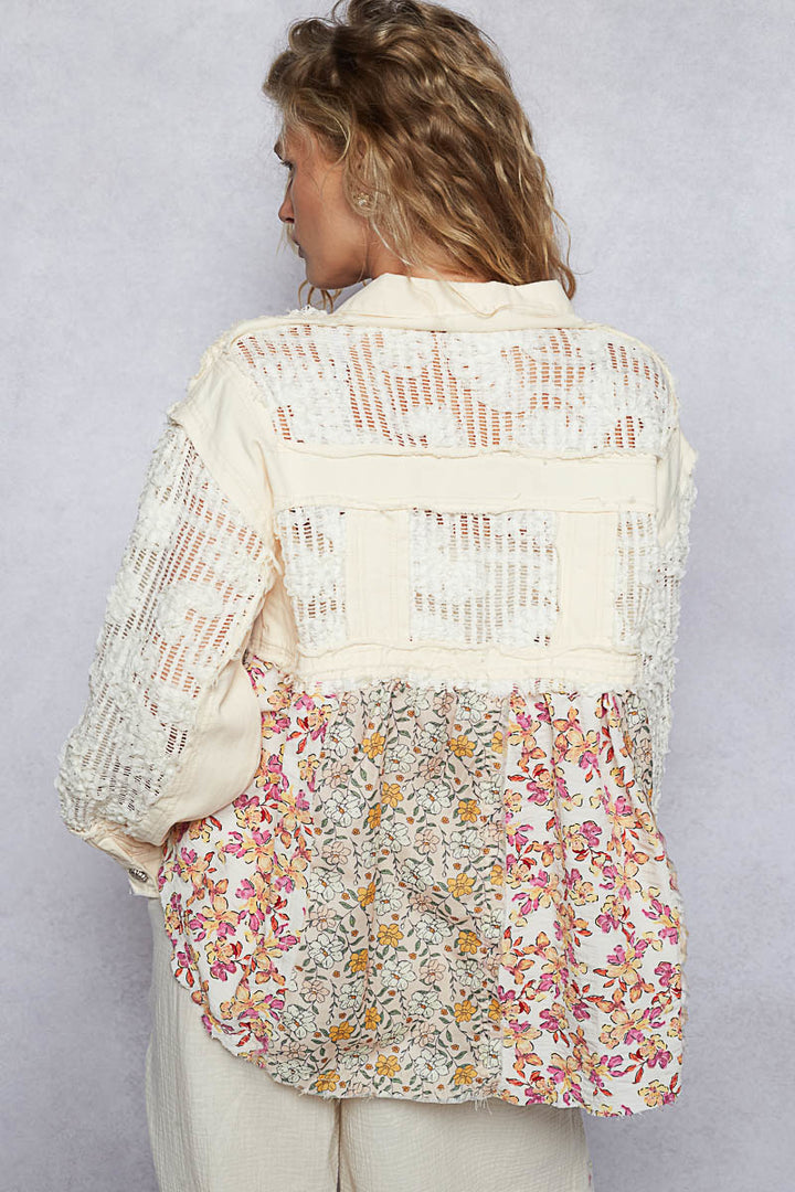 Twill and Lace Floral Pattern Jacket in Cream