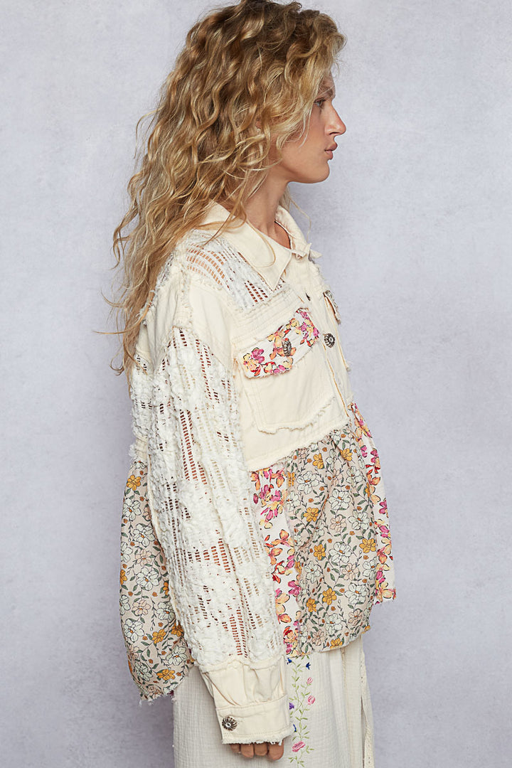 Twill and Lace Floral Pattern Jacket in Cream