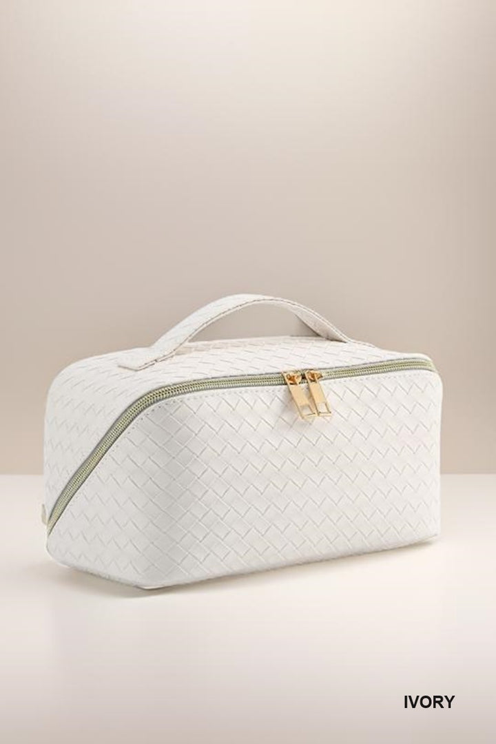 Woven Vegan Leather Makeup Bag in Ivory