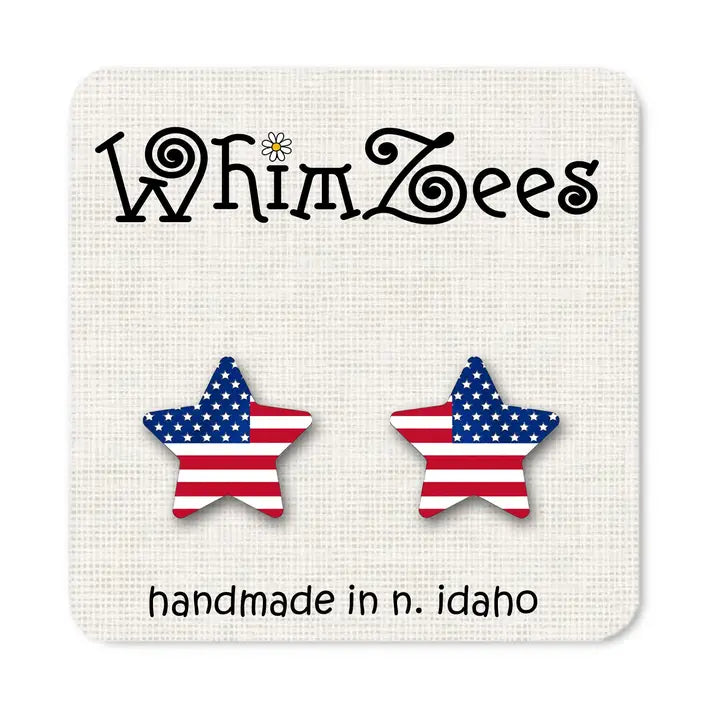 American flag star earrings on a WhimZees branded card.