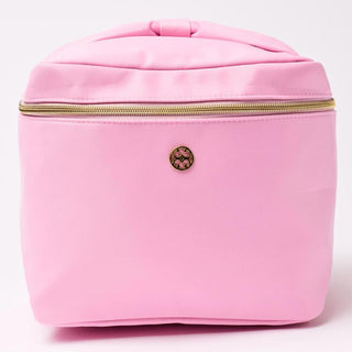 Pink cosmetic bag with gold zipper on a white background