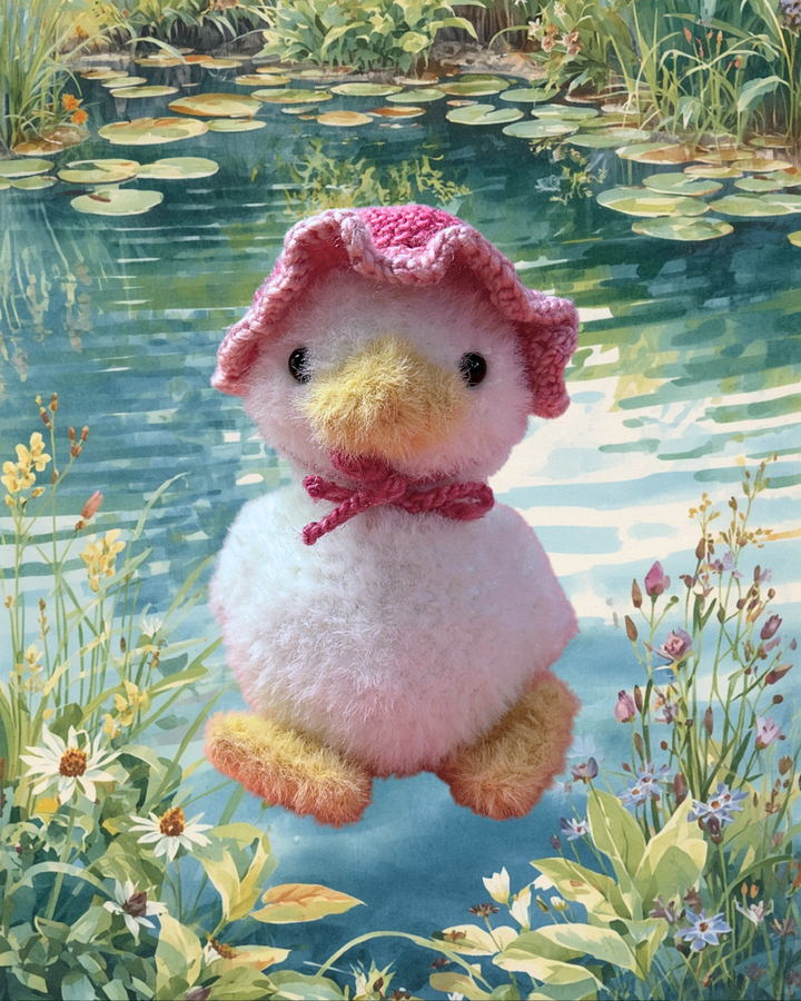 Knitted duckling toy with a pink hat and bow tie in a pond setting