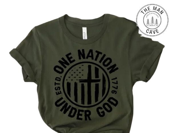 Green t-shirt with 'One Nation Under God' design on a white background