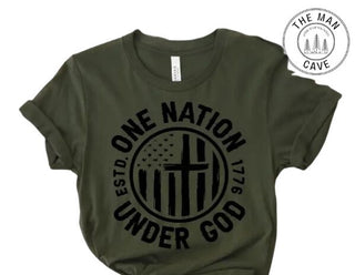Green t-shirt with 'One Nation Under God' design on a white background