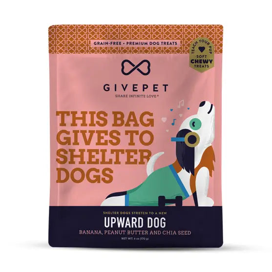 Dog treat package by Givepet with a cartoon dog and text on a pink background