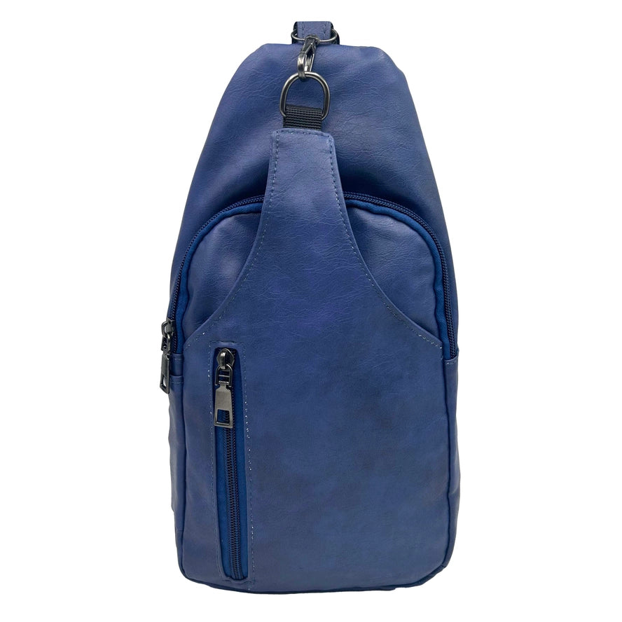 Blue sling bag on a white background