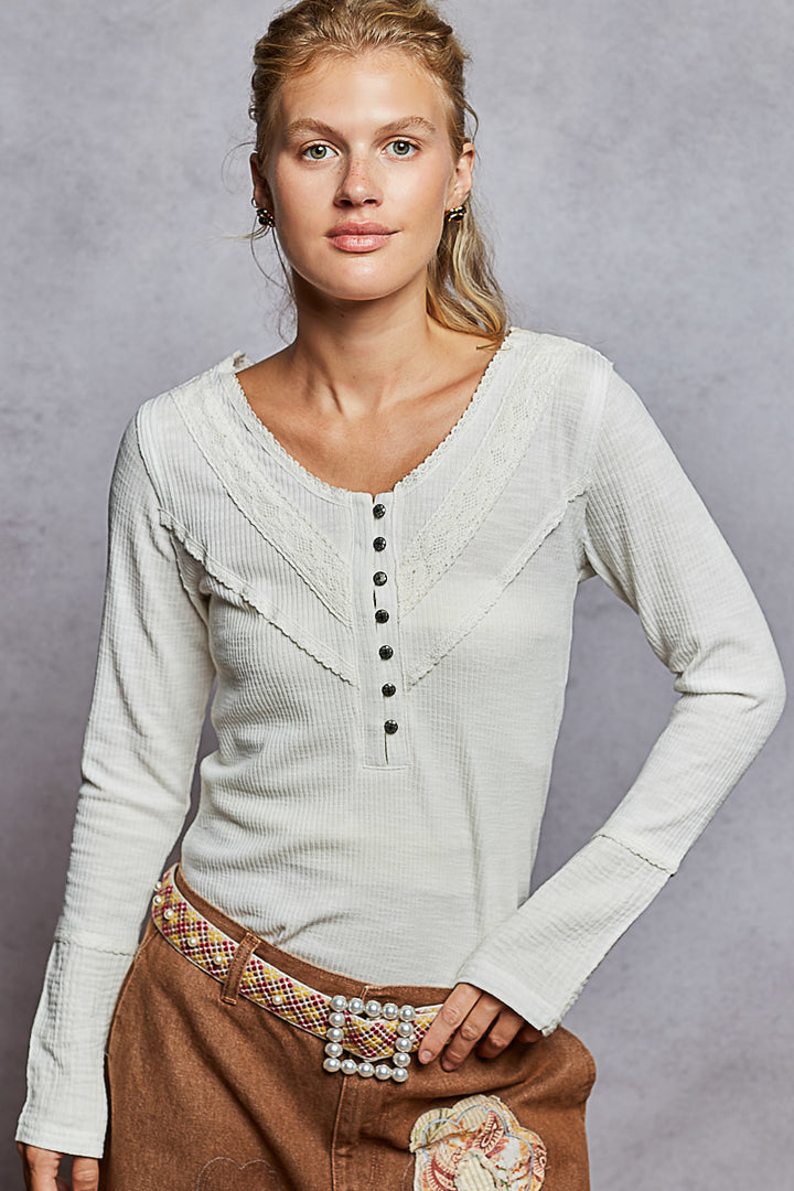 V-Neck Rib Knit Long Sleeve Top in Ivory