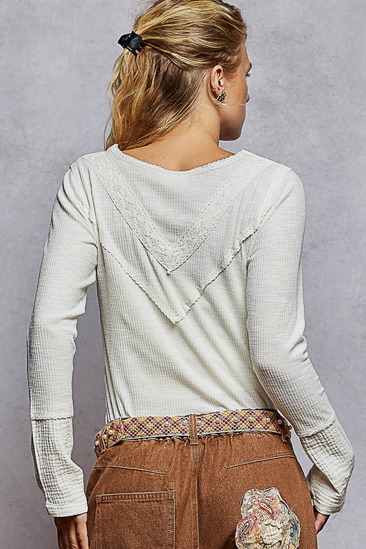 V-Neck Rib Knit Long Sleeve Top in Ivory