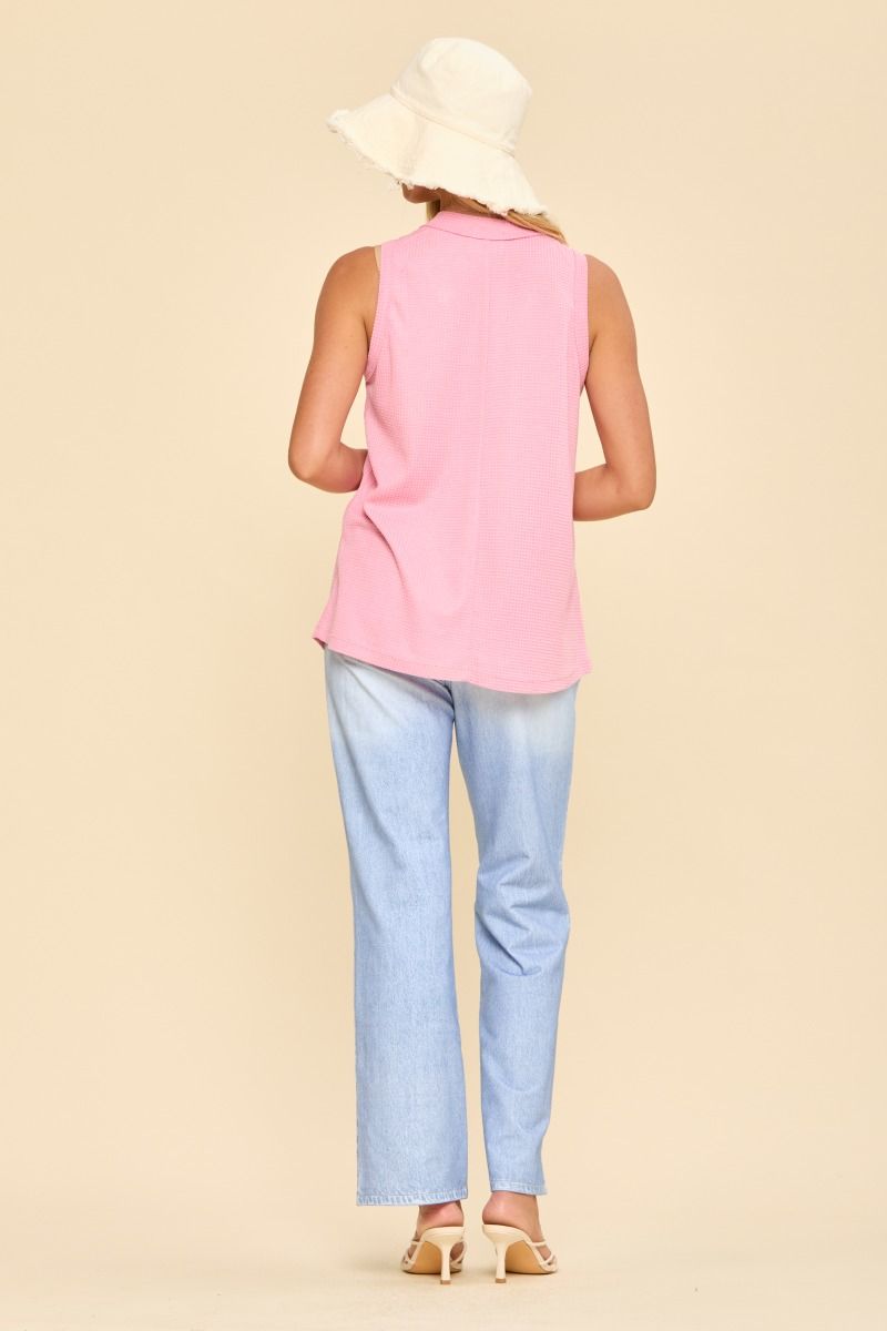 Waffle Sleeveless Button Top in Blossom Pink