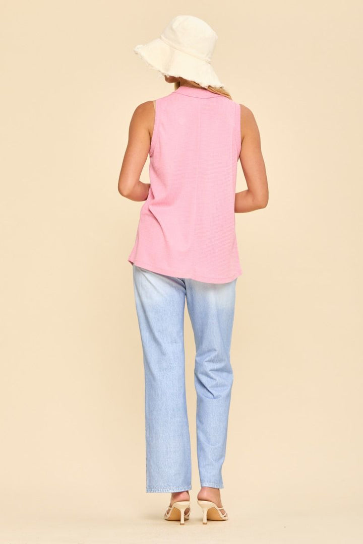 Waffle Sleeveless Button Top in Blossom Pink