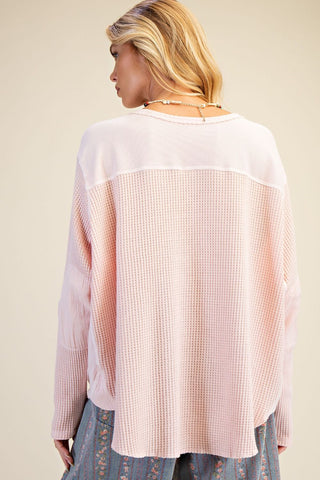 Washed Thermal Henley Top in Blush