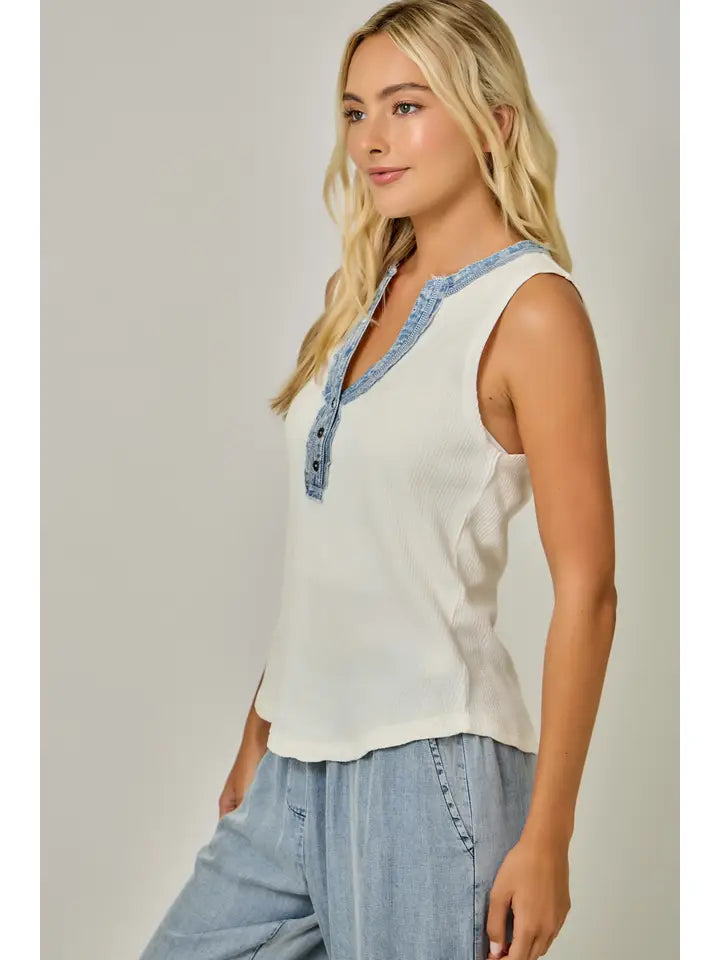 Washed Thermal Sleeveless Henley Top in Cream