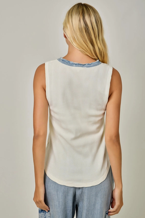Washed Thermal Sleeveless Henley Top in Cream