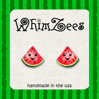 Watermelon slice earrings on a card with 'WhimZees' branding against a green striped background.
