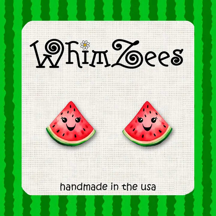 Watermelon slice earrings on a card with 'WhimZees' branding against a green striped background.