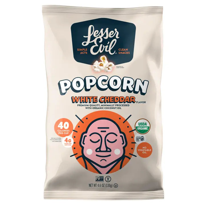 Lesser Evil popcorn white cheddar snack bag on a white background