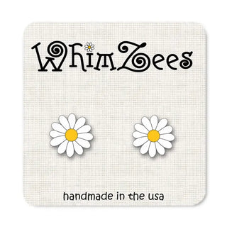 Daisy flower earrings on a 'WhimZees' branded card with 'handmade in the usa' text.