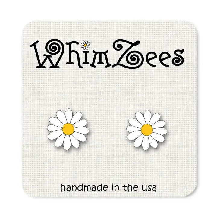 Daisy flower earrings on a 'WhimZees' branded card with 'handmade in the usa' text.