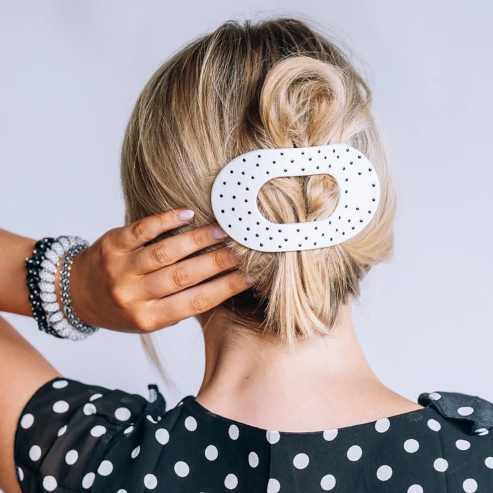 Teleties Flat Round Hair Clip- White Polka Dot Party