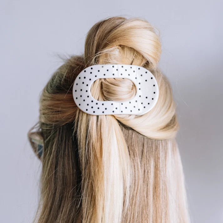 Teleties Flat Round Hair Clip- White Polka Dot Party
